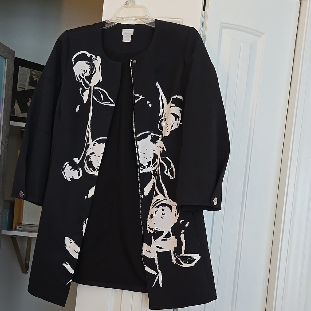 Black and White Floral Blazer with Botanical Pattern